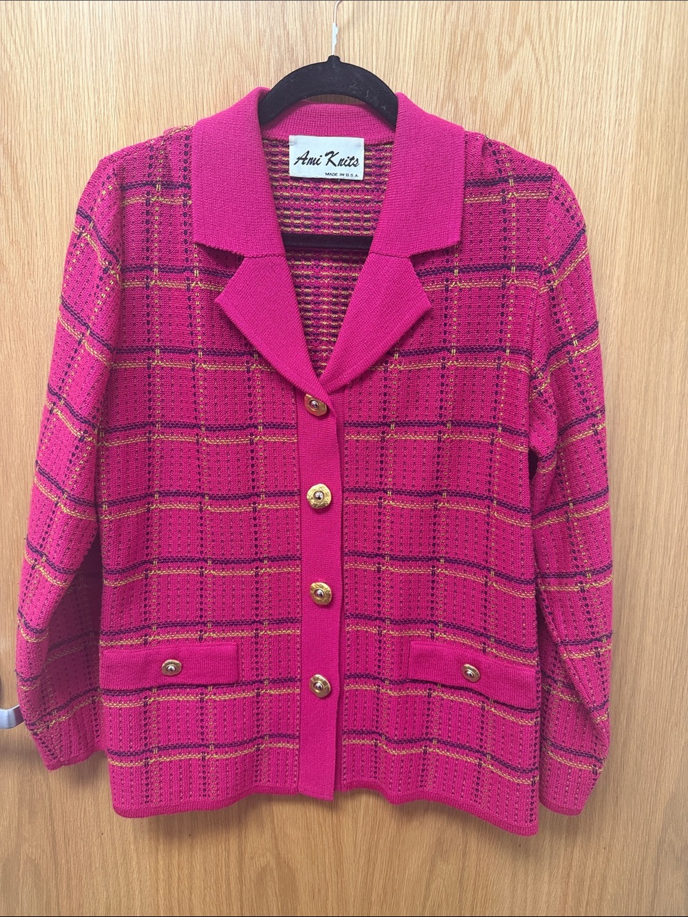 Vintage 80s Ami Knits Union Made Women's Clueless Pink Plaid Knit Jacket